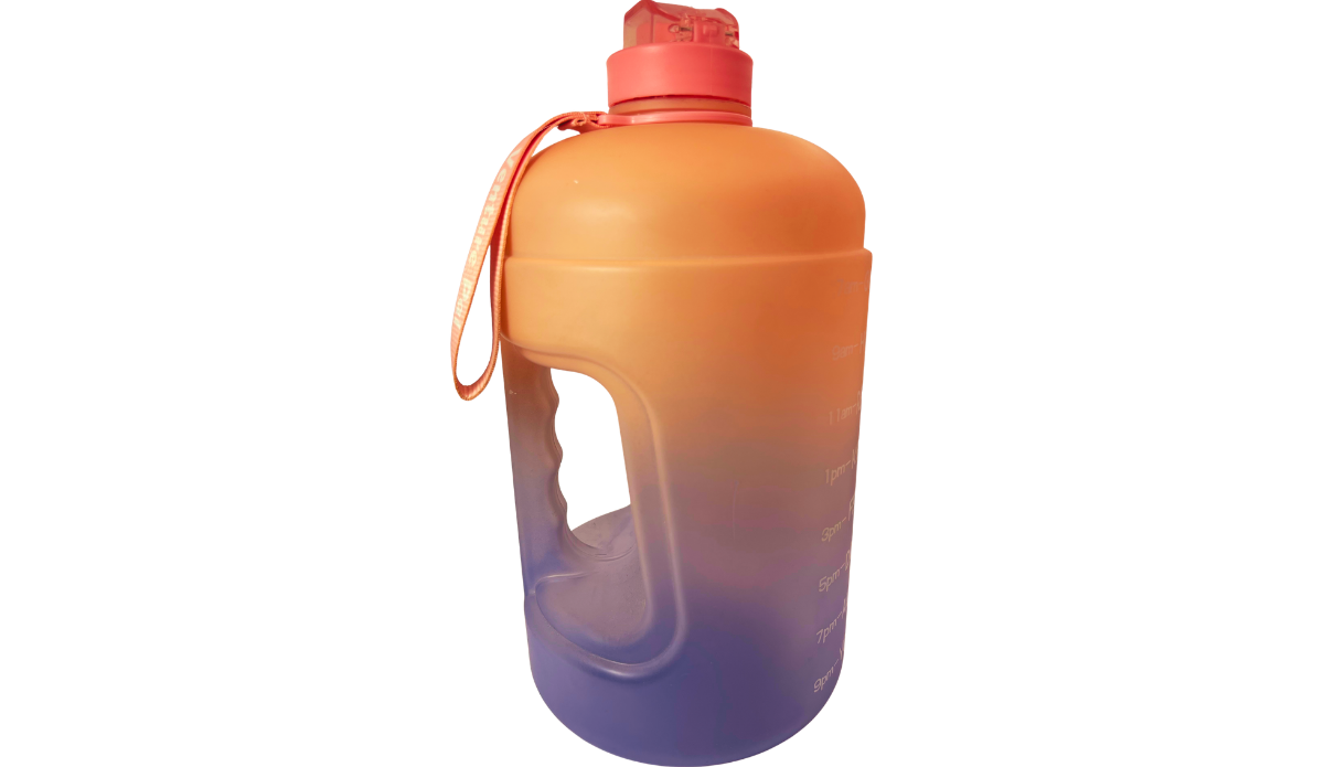 Pink Ombre Motivational Water Bottle handle view with molded side grip, coral lid, carry strap, and purple gradient base