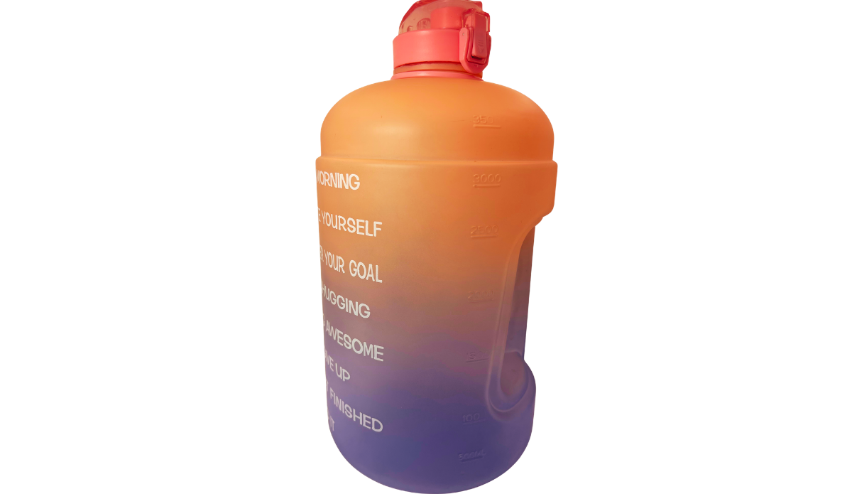 Pink Ombre Motivational Water Bottle measurement view with embossed volume markings and coral-to-purple gradient
