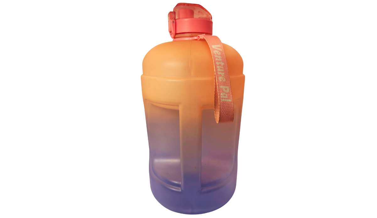 Pink Ombre Motivational Water Bottle back view with molded handle, coral carry strap, and lavender purple gradient