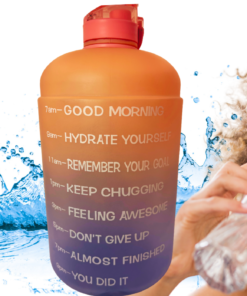 Pink Ombre Motivational Water Bottle lifestyle scene with woman drinking water beside colorful hydration bottle and water splash
