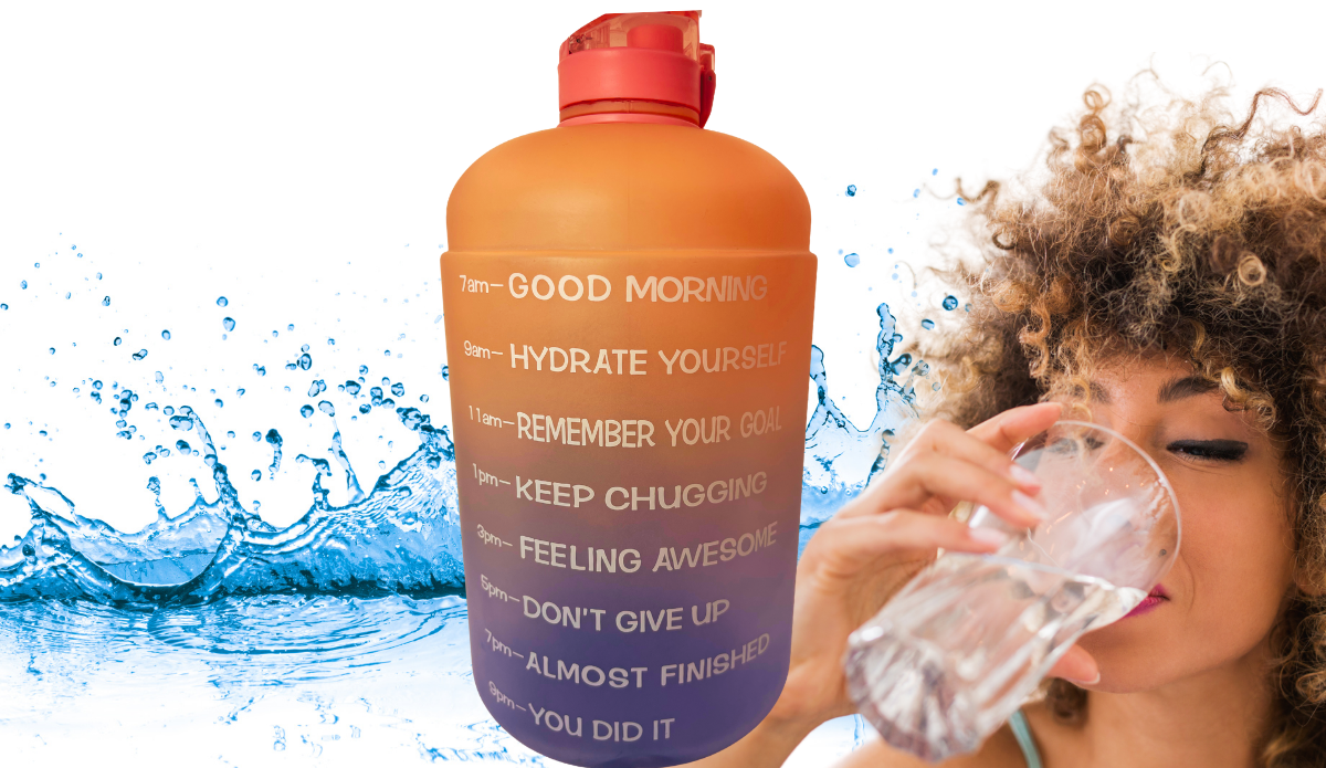 Pink Ombre Motivational Water Bottle lifestyle scene with woman drinking water beside colorful hydration bottle and water splash