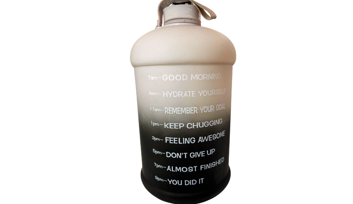 Black Ombre Motivational Water Bottle front view with hourly time markers, hydration messages, carry strap, and white-to-black gradient