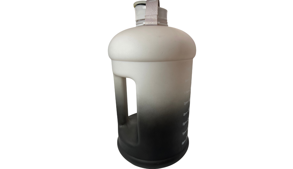 Black Ombre Motivational Water Bottle handle view with molded side grip, carry strap, and black gradient finish