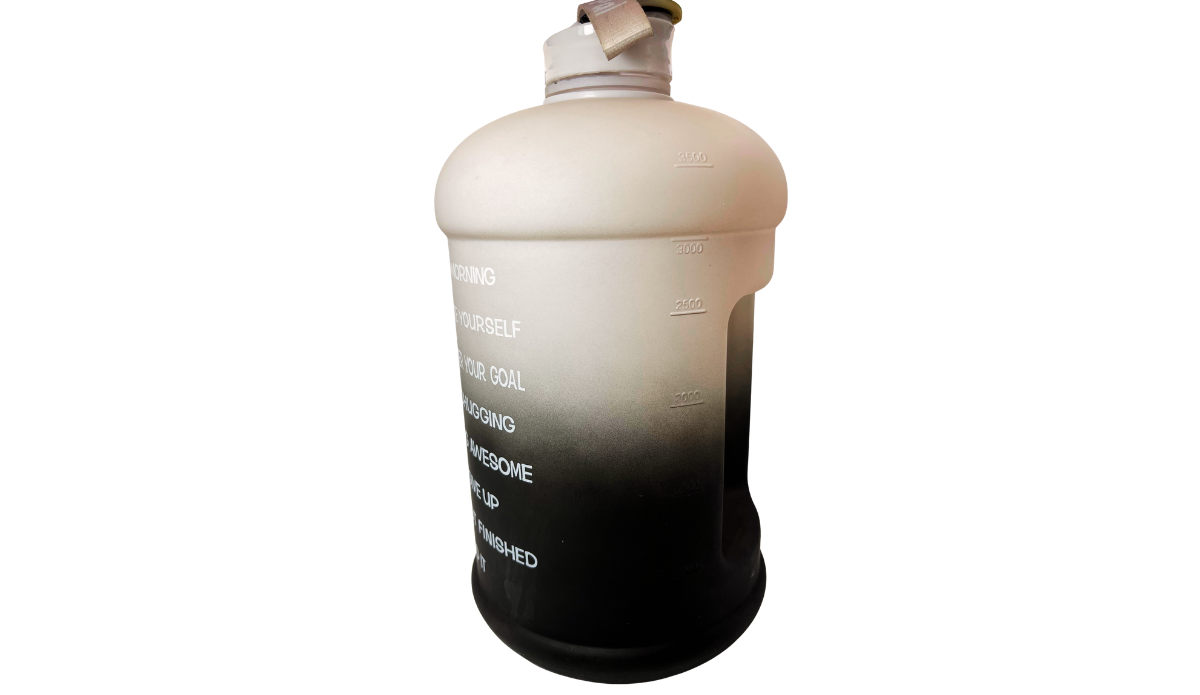 Black Ombre Motivational Water Bottle measurement view with embossed volume markings and white-to-black ombre design