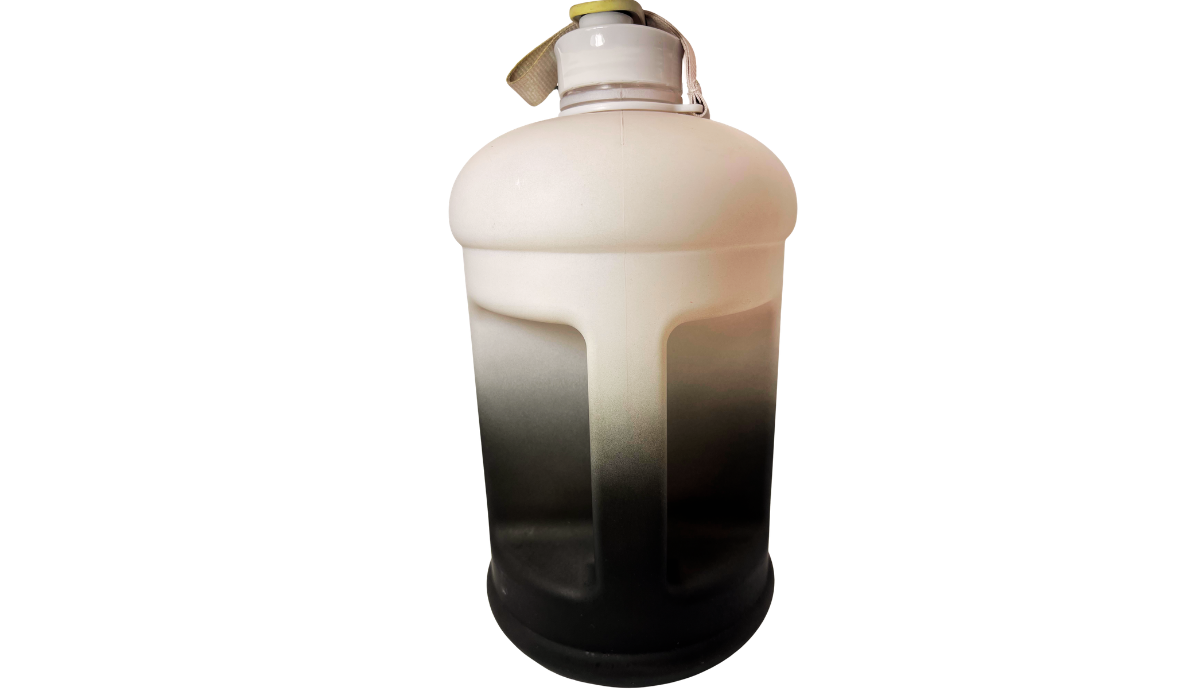 Black Ombre Motivational Water Bottle back view with large molded handle, carry strap, and gradient exterior