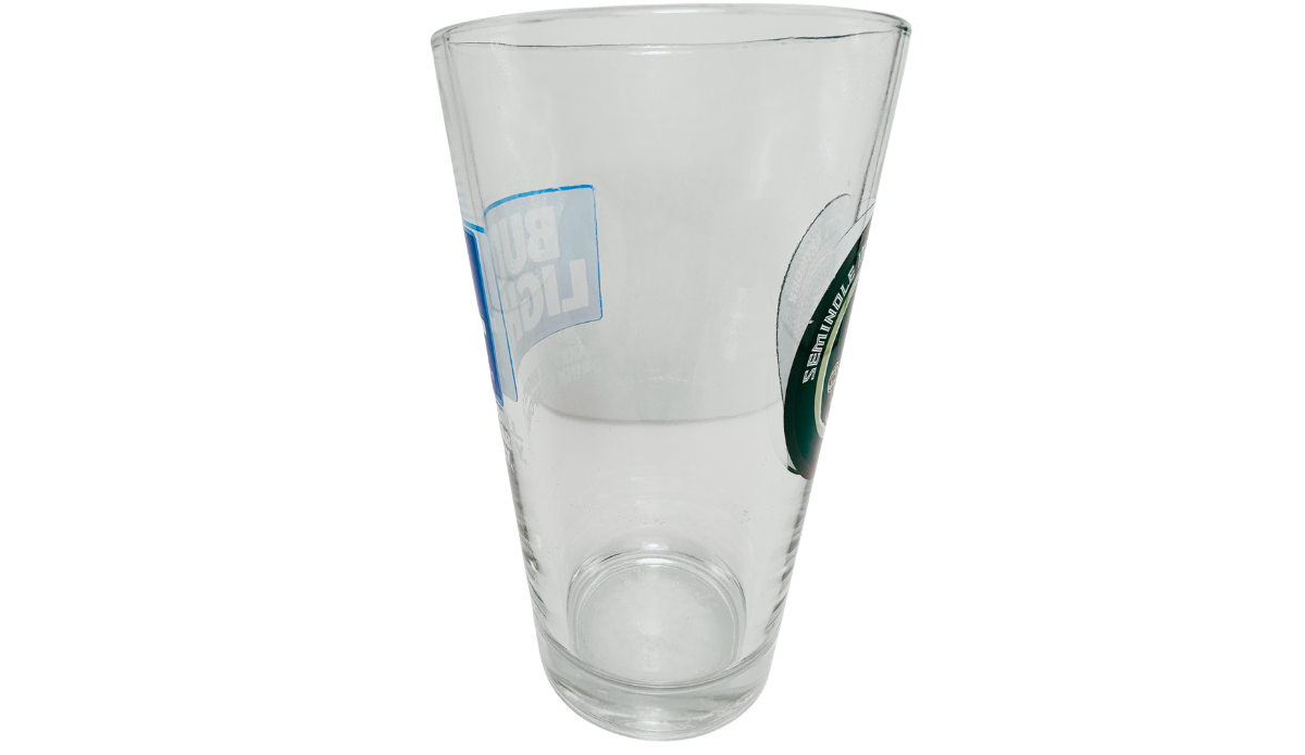 FSU Sports Network Pint Glass opposite side view with Bud Light and Seminoles graphics visible