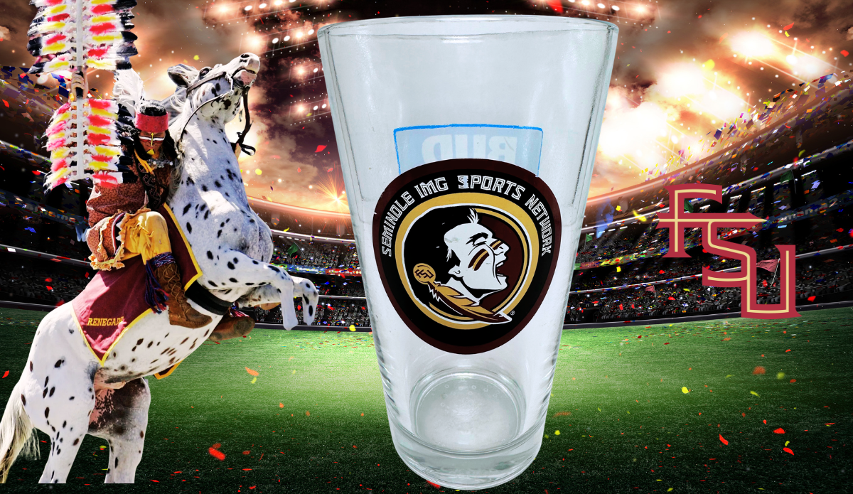 FSU Sports Network Pint Glass displayed in a Florida State football stadium game day scene