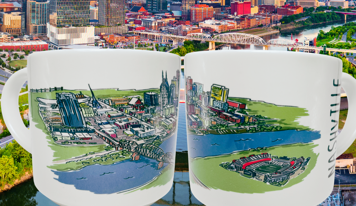 Nashville Tennessee Souvenir Mug lifestyle scene with two artwork views against an aerial Nashville city and river backdrop