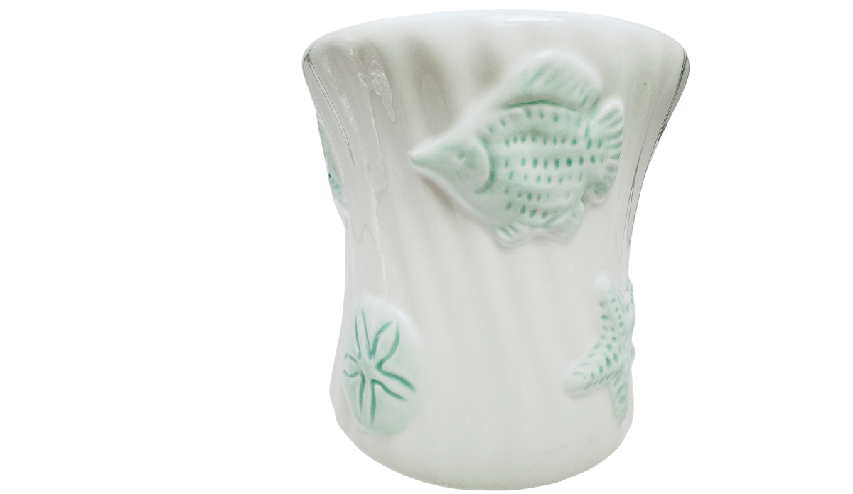 Seafoam Green Seashell Mug middle view with raised fish and sand dollar marine designs