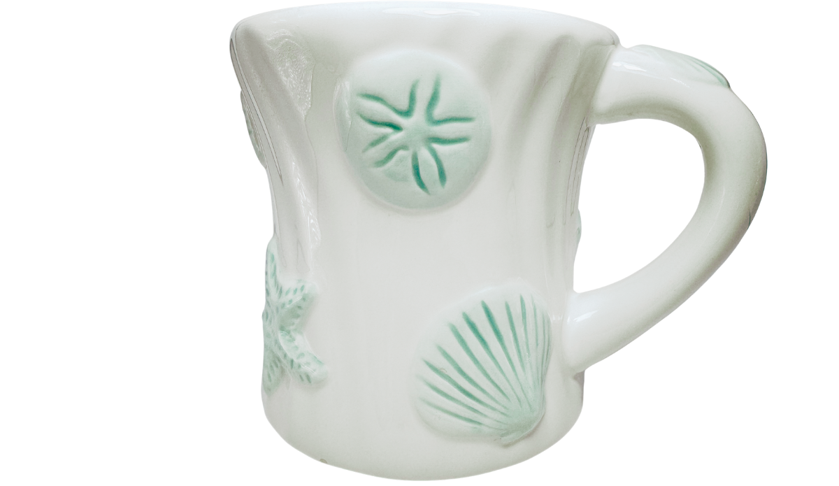 Back view of Seafoam Green Seashell Mug with sand dollar shell and rounded handle