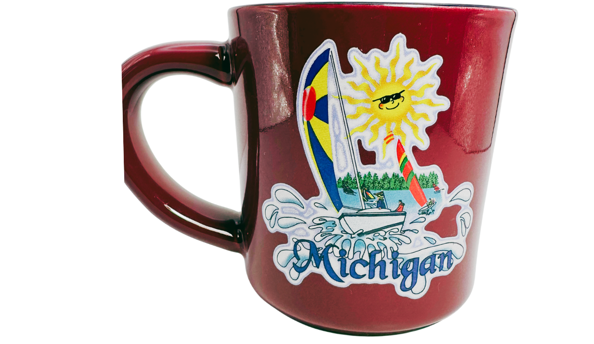Michigan Sailboat Souvenir Coffee Mug back view with colorful boating artwork and Michigan lettering