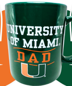 University of Miami Dad Mug between orange and green hands forming the U gesture