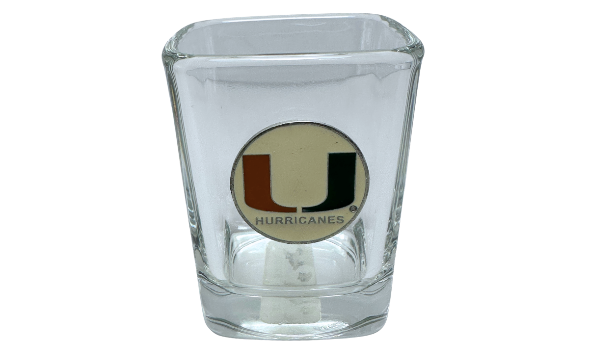 Miami Hurricanes Emblem Shot Glass with raised University of Miami U logo and Hurricanes wording
