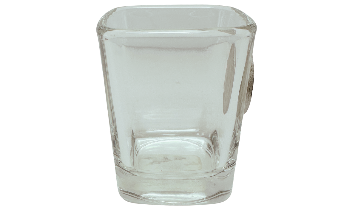 Miami Hurricanes Emblem Shot Glass side view with clear squared body and thick base