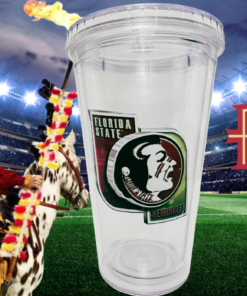 Florida State Seminoles clear double wall tumbler in football stadium scene with Osceola riding Renegade