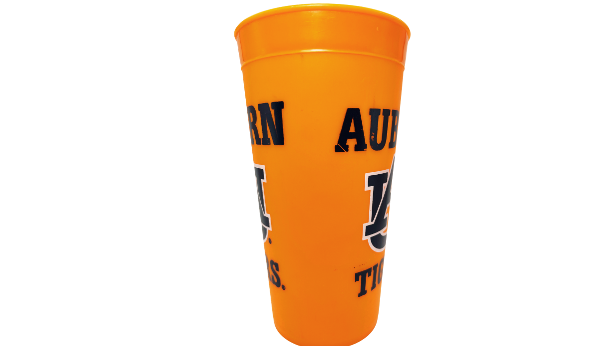 Auburn Tigers Orange Souvenir Cup middle view with partial Auburn graphics on both sides