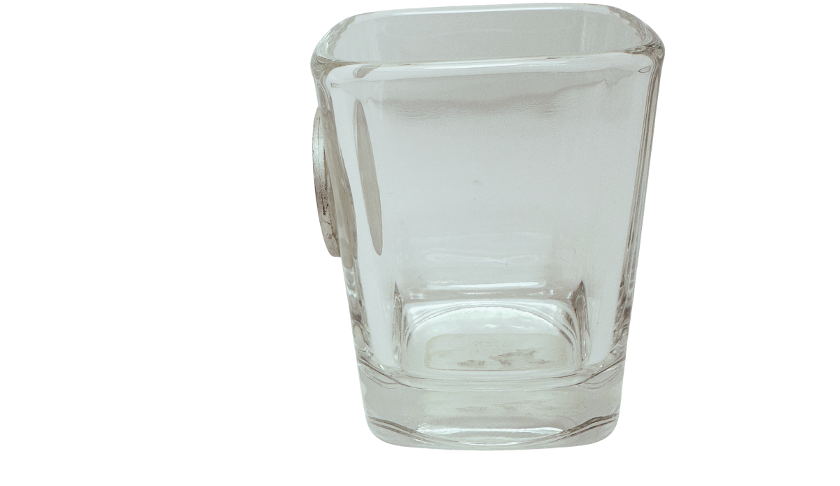 Miami Hurricanes Emblem Shot Glass opposite side view with clear glass body and square rim