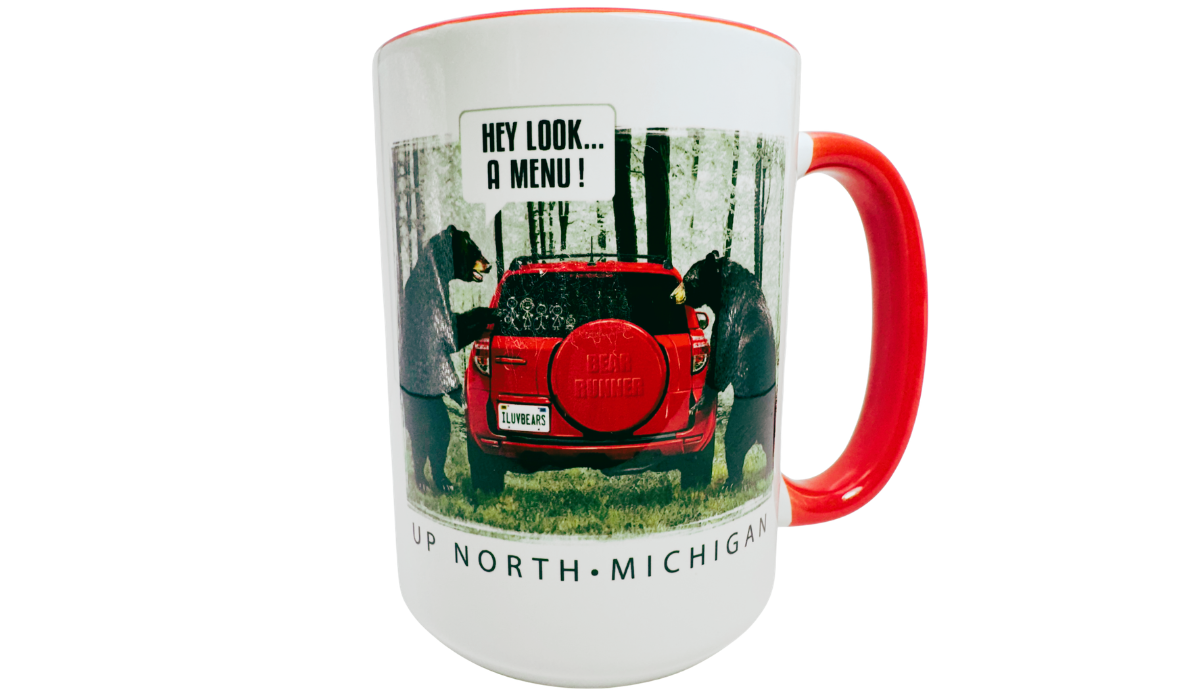 Up North Michigan Black Bear Funny Coffee Mug front view with two bears, red SUV, and Hey Look A Menu artwork