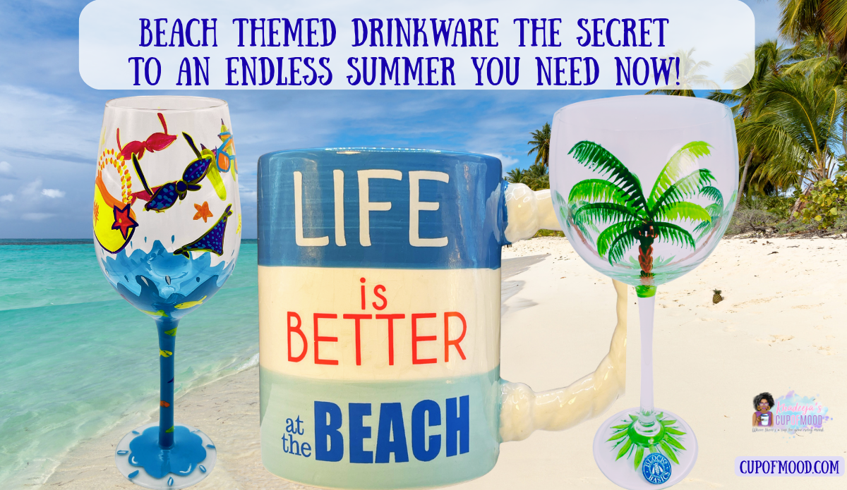 Three beach themed drinkware pieces including a beach wine glass, Life Is Better At The Beach mug and palm tree wine glass on a tropical beach