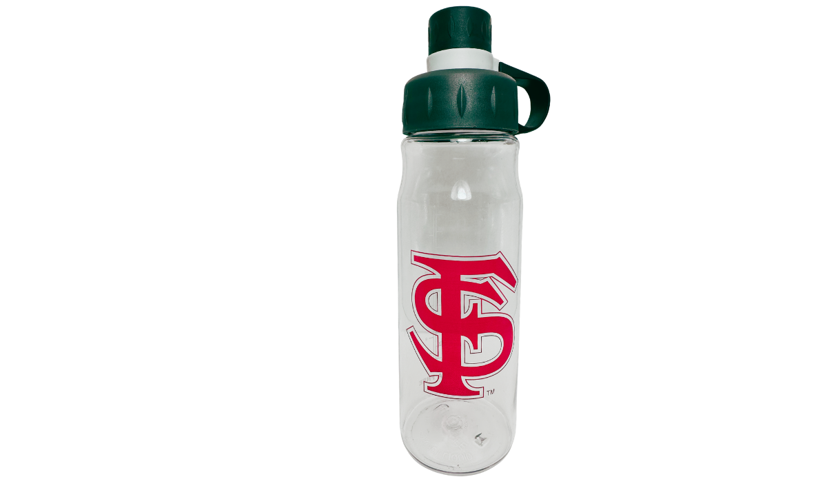 Florida State Clear Water Bottle front view with large garnet interlocking FSU monogram and black lid