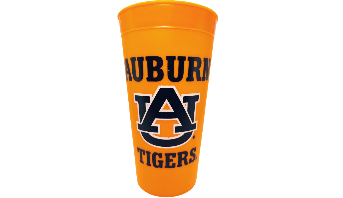 Auburn Tigers Orange Souvenir Cup back view with repeated AU logo and Tigers graphics