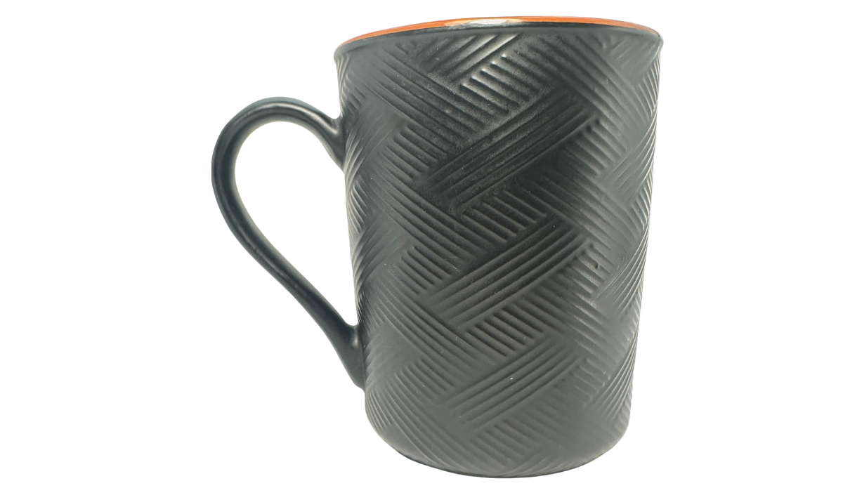 Great Smoky Mountains Medallion Souvenir Mug back view with black basket weave pattern and smooth handle
