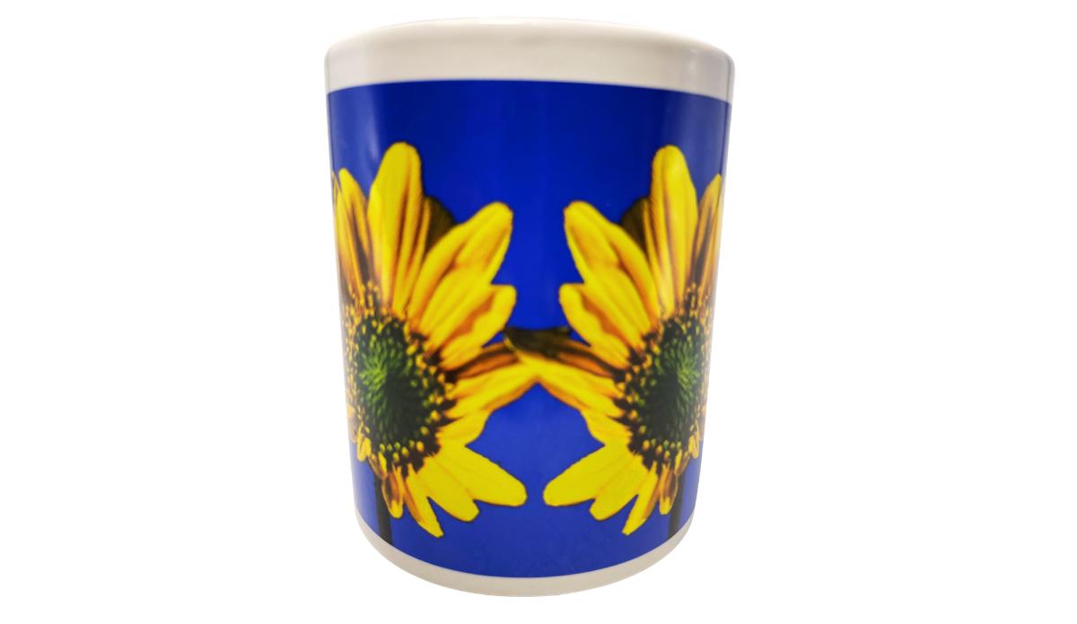 Sunflower Blue Sky Mug center artwork view with two yellow sunflowers facing across a vivid blue sky