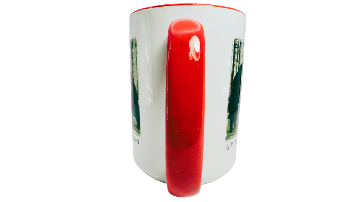 Up North Michigan Black Bear Funny Coffee Mug handle view showing the bright red handle and partial bear artwork