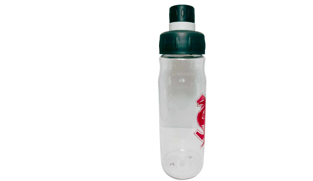 Florida State Clear Water Bottle middle view with transparent body black lid and partial FSU monogram