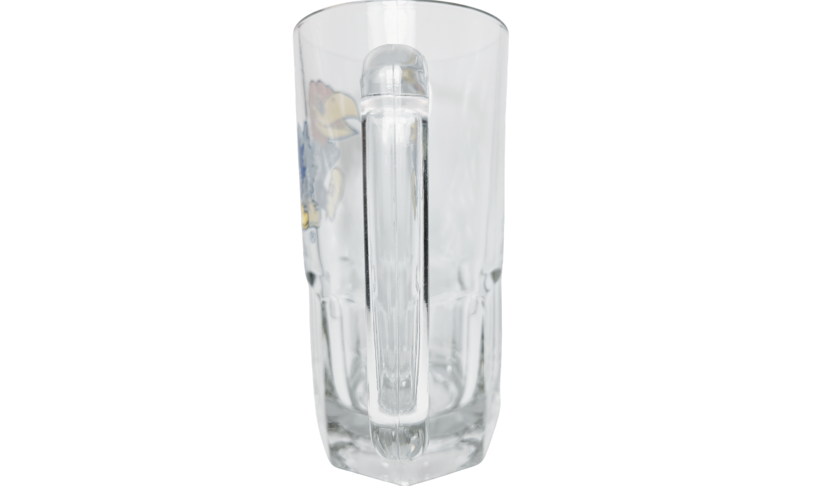 Kansas Jayhawks Glass Beer Mug handle view with thick rectangular clear glass handle