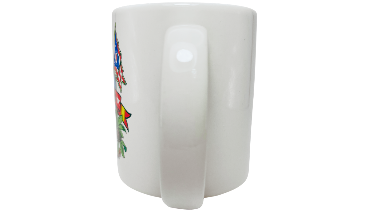 Famous Ohio Sights Souvenir Mug handle view with broad white handle and colorful Ohio artwork visible at the side