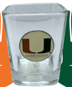 Miami Hurricanes Emblem Shot Glass between orange and green hands forming the U gesture