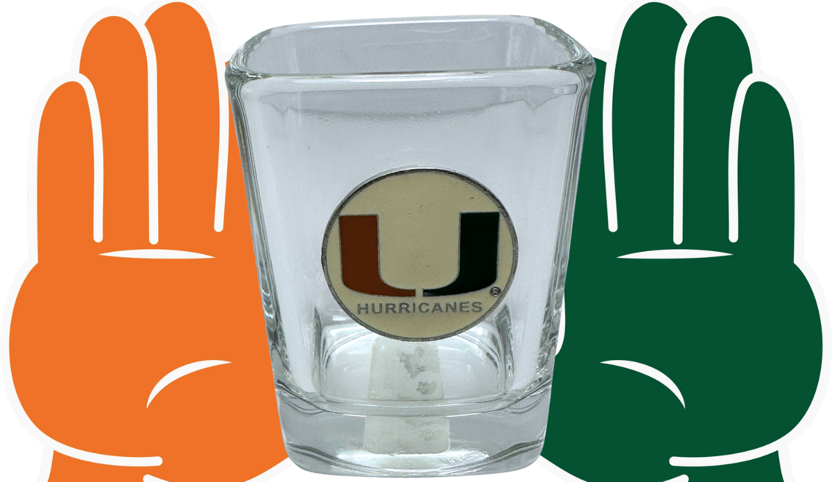 Miami Hurricanes Emblem Shot Glass between orange and green hands forming the U gesture