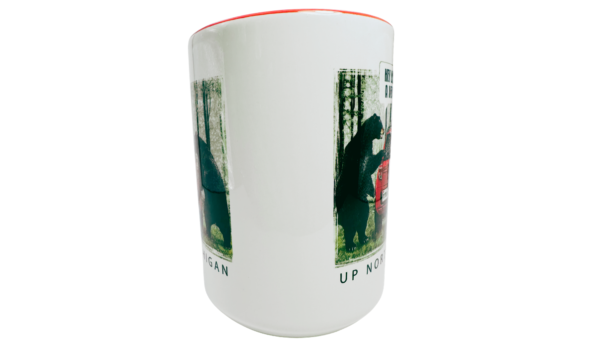 Up North Michigan Black Bear Funny Coffee Mug back view showing the white ceramic exterior