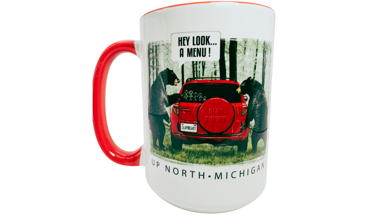 Up North Michigan Black Bear Funny Coffee Mug front view with red handle, two bears, and red SUV