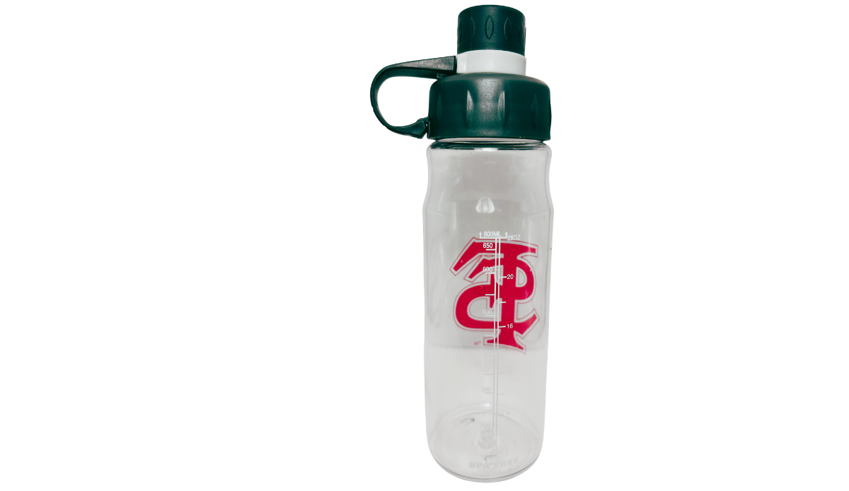 Florida State Clear Water Bottle back view with measurement scale 800 mL 28 oz and reverse FSU logo