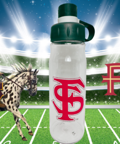 Florida State Clear Water Bottle in football stadium scene with Osceola riding Renegade