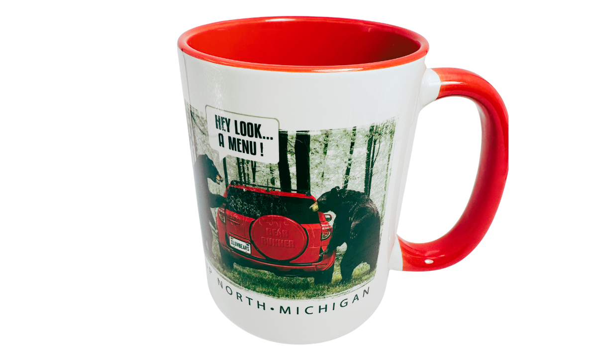 Up North Michigan Black Bear Funny Coffee Mug top view showing bright red interior, rim, and handle