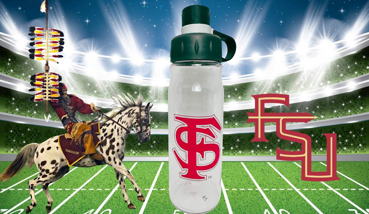 Florida State Clear Water Bottle in football stadium scene with Osceola riding Renegade