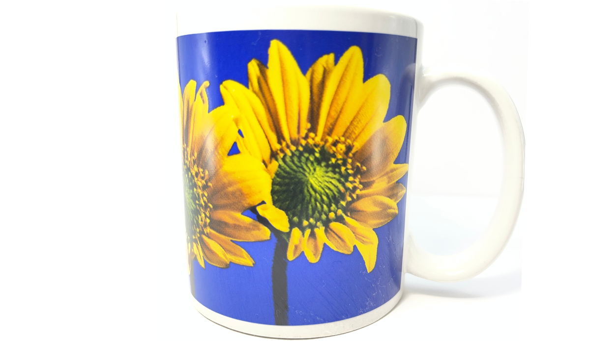 Sunflower Blue Sky Mug back view with large yellow sunflower, green center, vivid blue sky, and white handle
