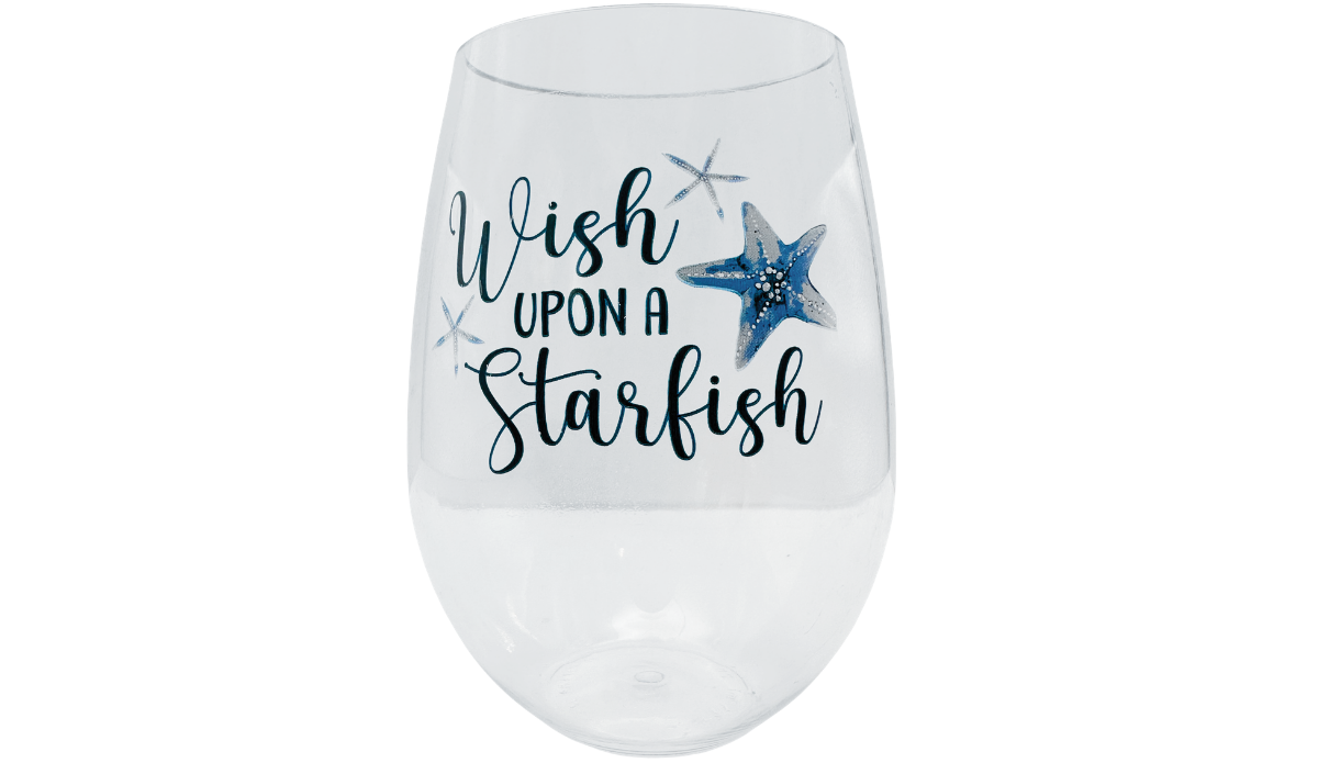 Starfish Acrylic Wine Glass front view with Wish Upon a Starfish wording and layered blue starfish