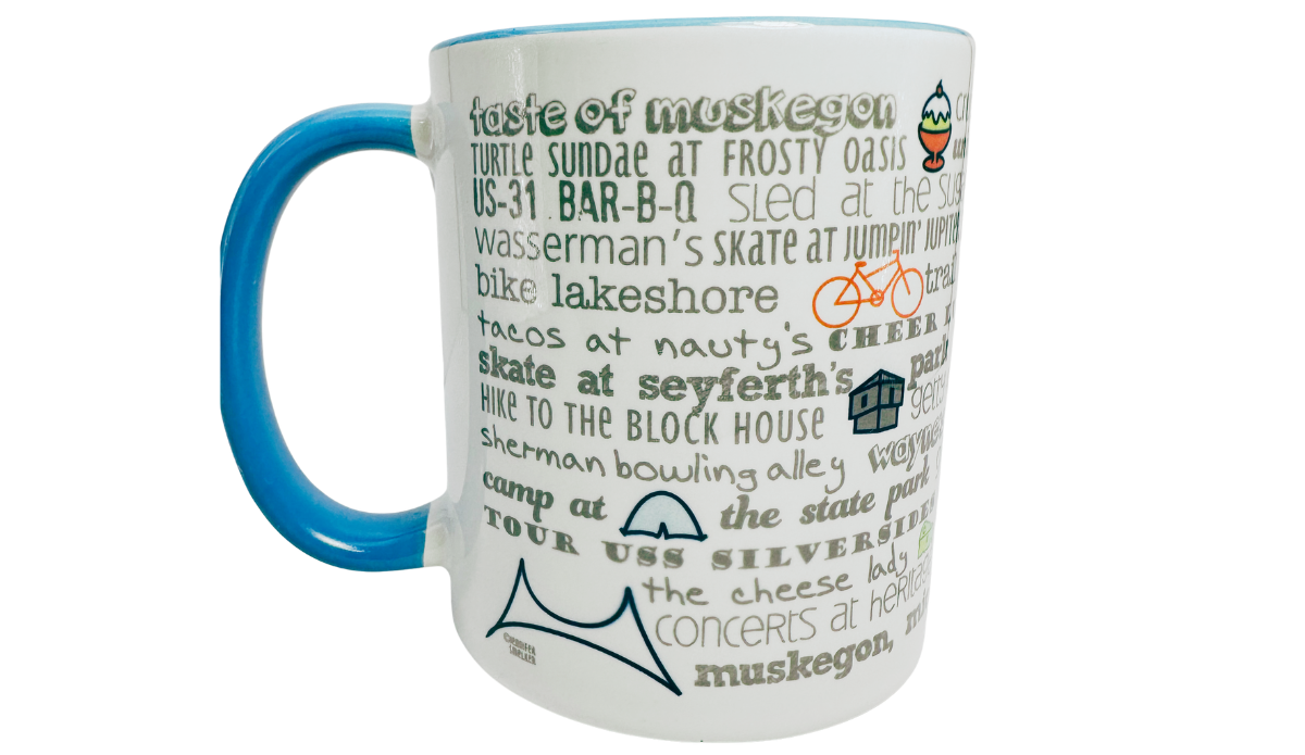 Muskegon Michigan Bucket List Coffee Mug front view with aqua handle and local Muskegon attractions