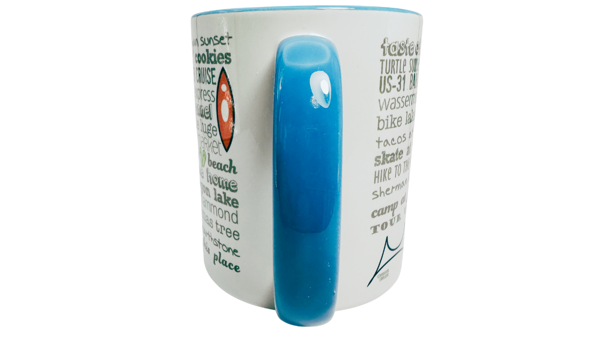 Muskegon Michigan Bucket List Coffee Mug handle view with aqua-blue handle and wraparound typography