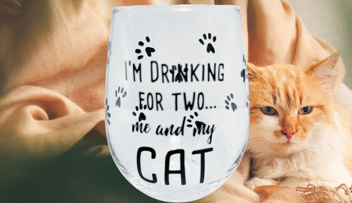I'm Drinking for Two Cat Wine Glass displayed beside an orange and white cat in a cozy setting