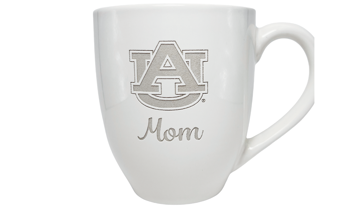 Auburn University Mom Mug with silver-toned AU logo and cursive Mom lettering