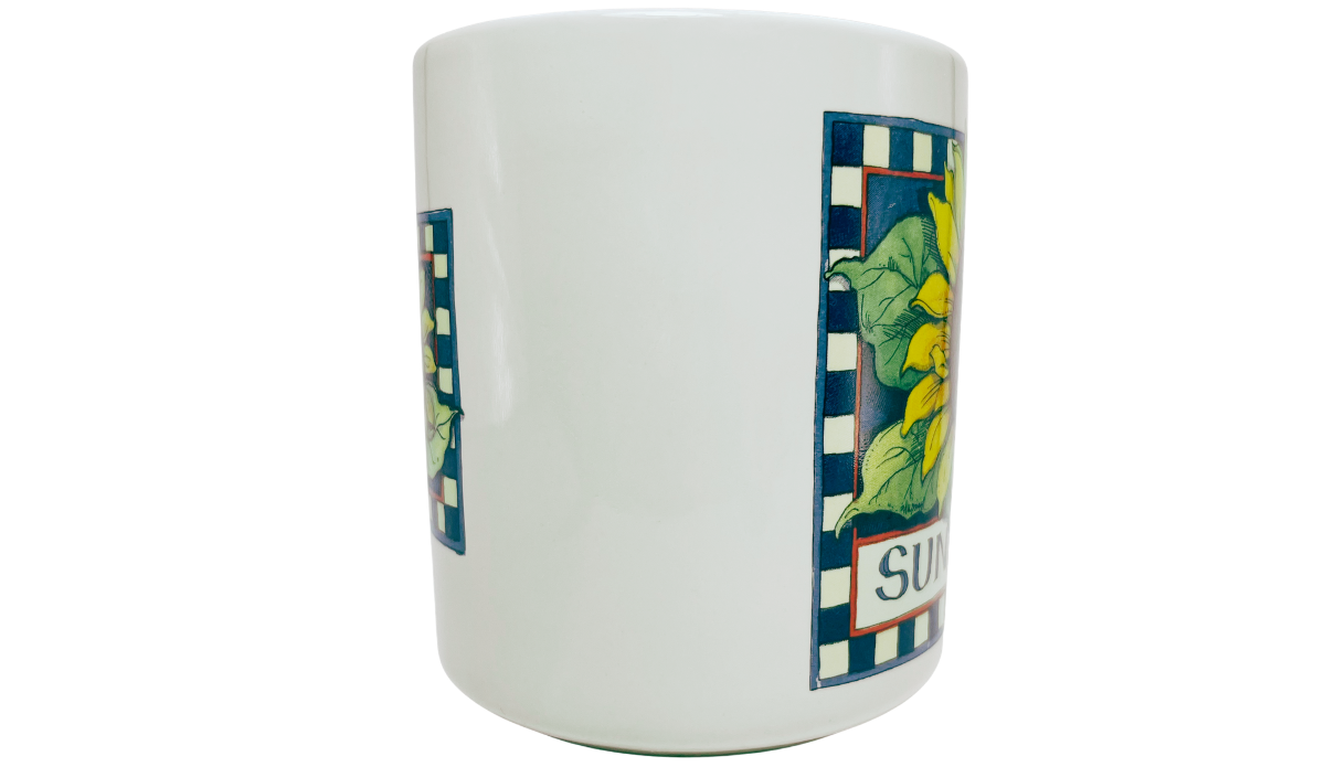 Susan Winget Sunflower Coffee Mug middle view showing white ceramic between the two framed sunflower designs