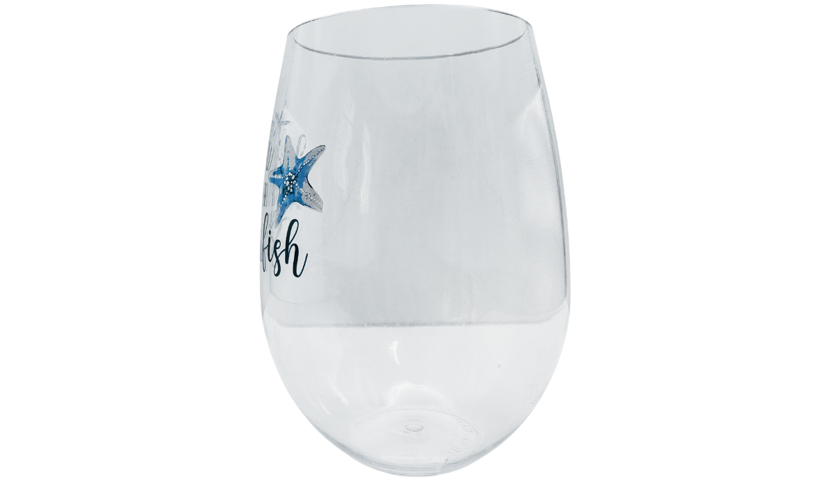 Acrylic starfish wine glass opposite middle view with partial blue starfish design