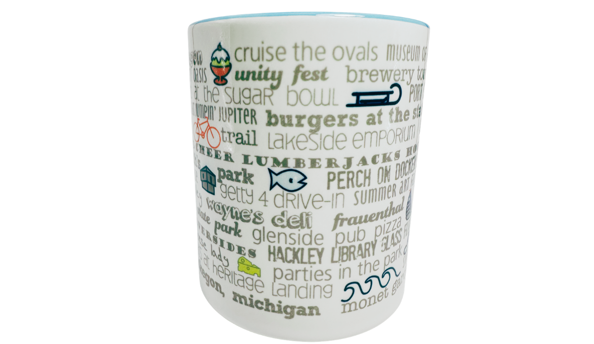 Muskegon Michigan Bucket List Coffee Mug middle view with local attractions, fish, sled, and Michigan typography