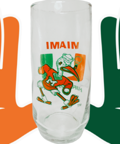 Miami Hurricanes Mascot Drinking Glass between orange and green hands forming the U gesture