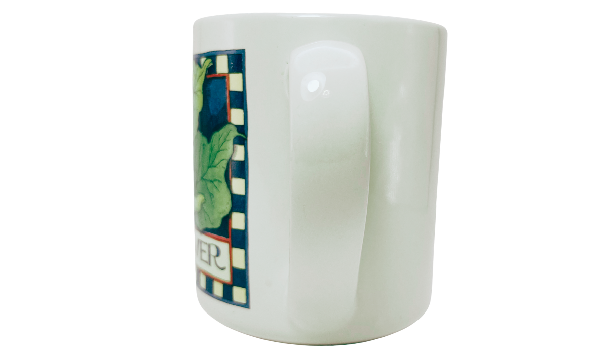 Susan Winget Sunflower Coffee Mug handle view with broad white handle and sunflower artwork visible along the side